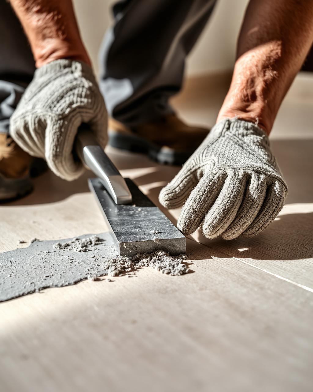 Tile adhesive being applied with a notched trowel
